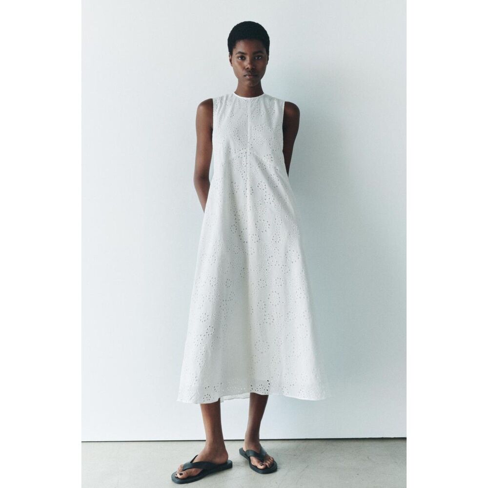 Zara White Eyelet Embroidered Open Cutout Sleeveless Maxi Dress (NWT)